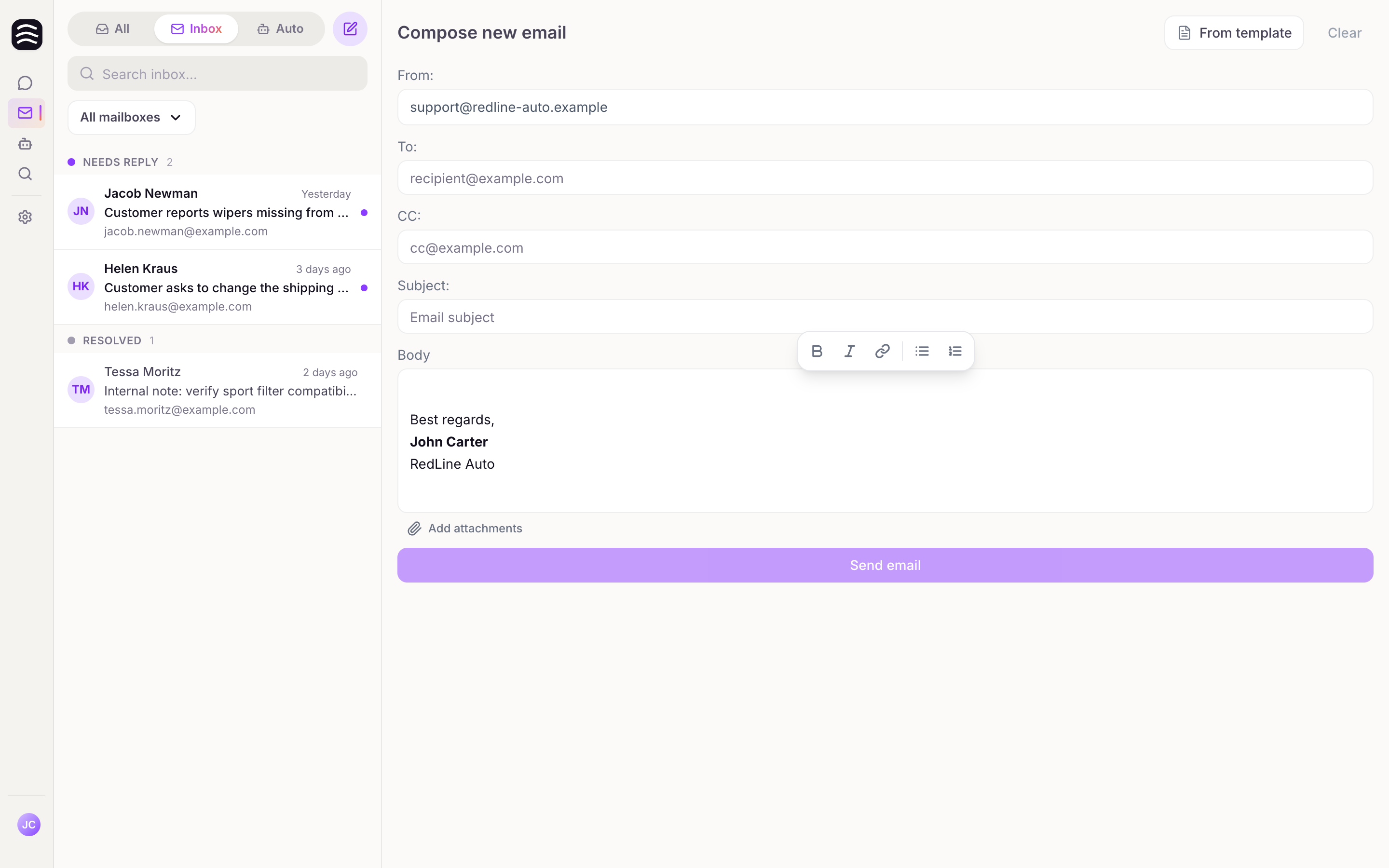 Compose new email pane